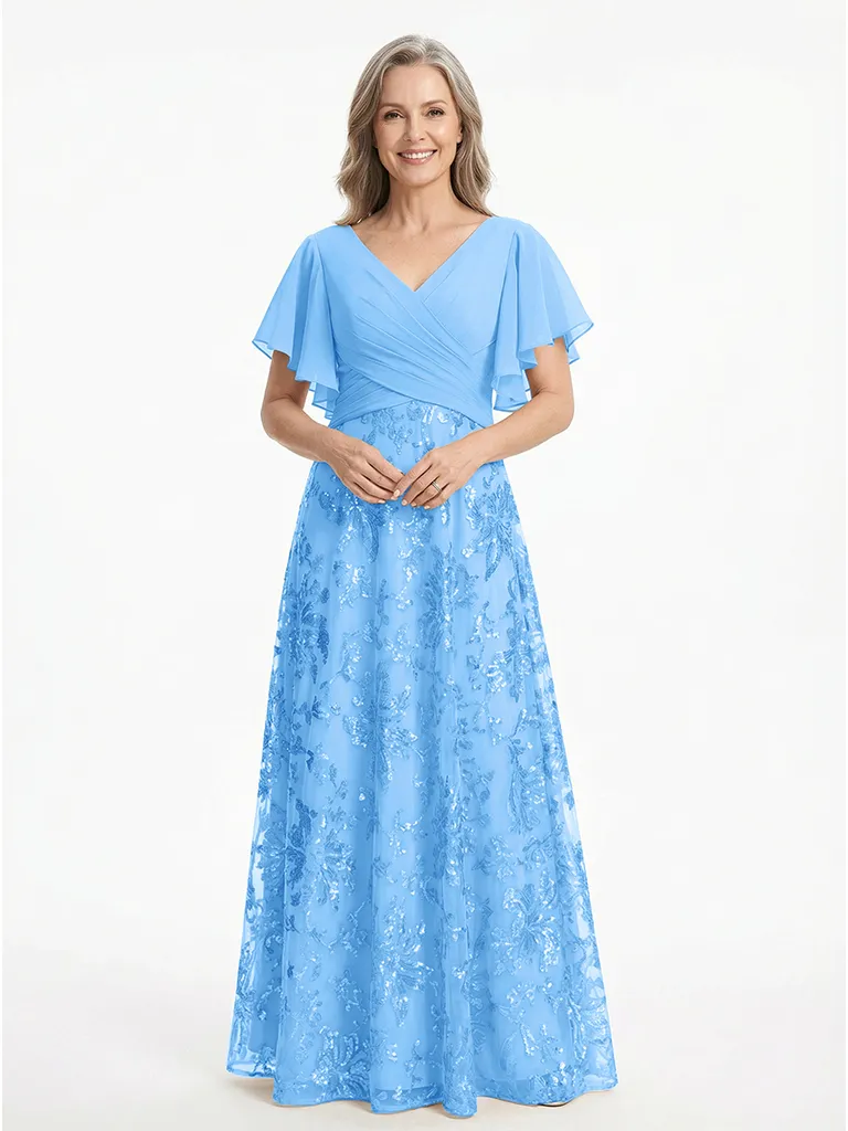 ChicSew V-Neck Short Sleeves Sequin Ruched A-Line Floor Length Chiffon Elegant Mother Of The Bride And Groom Dresses sold by ChicSew product image thumbnail 5