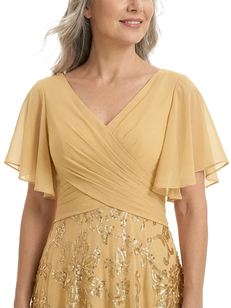 ChicSew V-Neck Short Sleeves Sequin Ruched A-Line Floor Length Chiffon Elegant Mother Of The Bride And Groom Dresses sold by ChicSew product image thumbnail 2