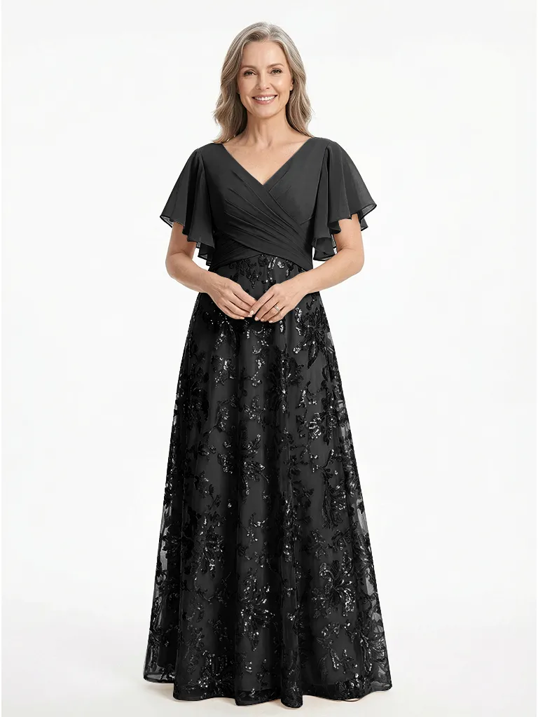 ChicSew V-Neck Short Sleeves Sequin Ruched A-Line Floor Length Chiffon Elegant Mother Of The Bride And Groom Dresses sold by ChicSew product image thumbnail 4
