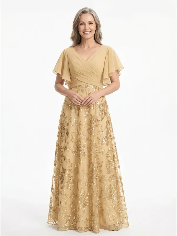 ChicSew V-Neck Short Sleeves Sequin Ruched A-Line Floor Length Chiffon Elegant Mother Of The Bride And Groom Dresses made by ChicSew