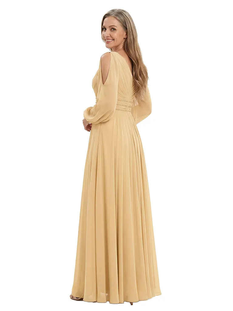 ChicSew V-Neck Long Sleeves Ruched Waist Ruffle Detail Floor Length Chiffon Mom Of The Groom Dresses sold by ChicSew product image thumbnail 3
