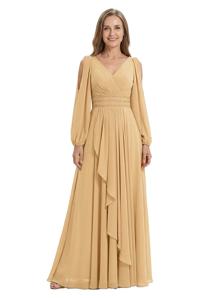 ChicSew V-Neck Long Sleeves Ruched Waist Ruffle Detail Floor Length Chiffon Mom Of The Groom Dresses sold by ChicSew