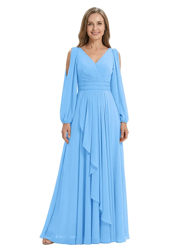 ChicSew V-Neck Long Sleeves Ruched Waist Ruffle Detail Floor Length Chiffon Mom Of The Groom Dresses sold by ChicSew product image thumbnail 5
