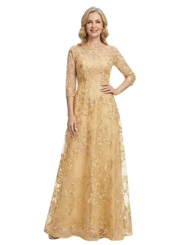 ChicSew Elegant Illusion 3/4 Sleeves A-Line Mother Of The Bride Gown Lace Tulle Overlay sold by ChicSew