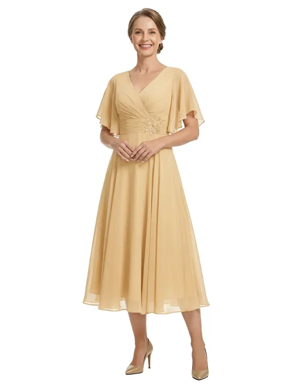 ChicSew V-Neck Short Sleeves Overlay Layered Chiffon Midi Length Casual Mother of the Bride Dresses sold by ChicSew
