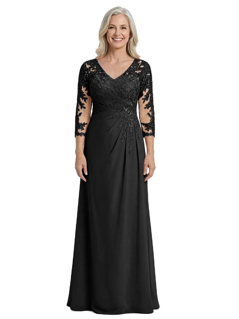 ChicSew V-Neck Lace Long Sleeves Ruched Waist A-Line Floor Length Chiffon Elegant Mother Of The Bride And Groom Dresses sold by ChicSew product image thumbnail 4