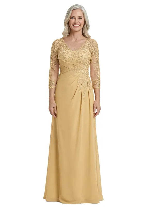 ChicSew V-Neck Lace Long Sleeves Ruched Waist A-Line Floor Length Chiffon Elegant Mother Of The Bride And Groom Dresses made by ChicSew