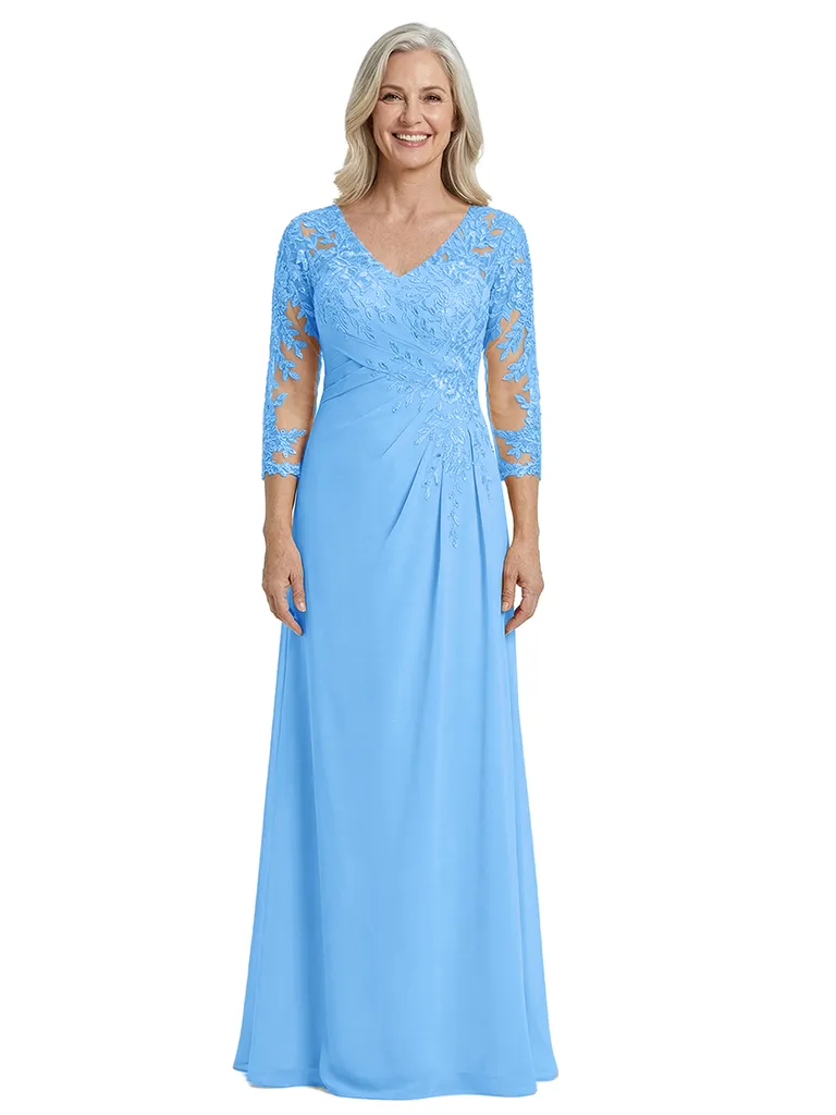 ChicSew V-Neck Lace Long Sleeves Ruched Waist A-Line Floor Length Chiffon Elegant Mother Of The Bride And Groom Dresses sold by ChicSew product image thumbnail 5