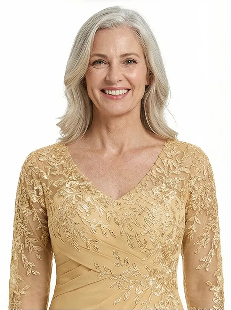 ChicSew V-Neck Lace Long Sleeves Ruched Waist A-Line Floor Length Chiffon Elegant Mother Of The Bride And Groom Dresses sold by ChicSew product image thumbnail 2