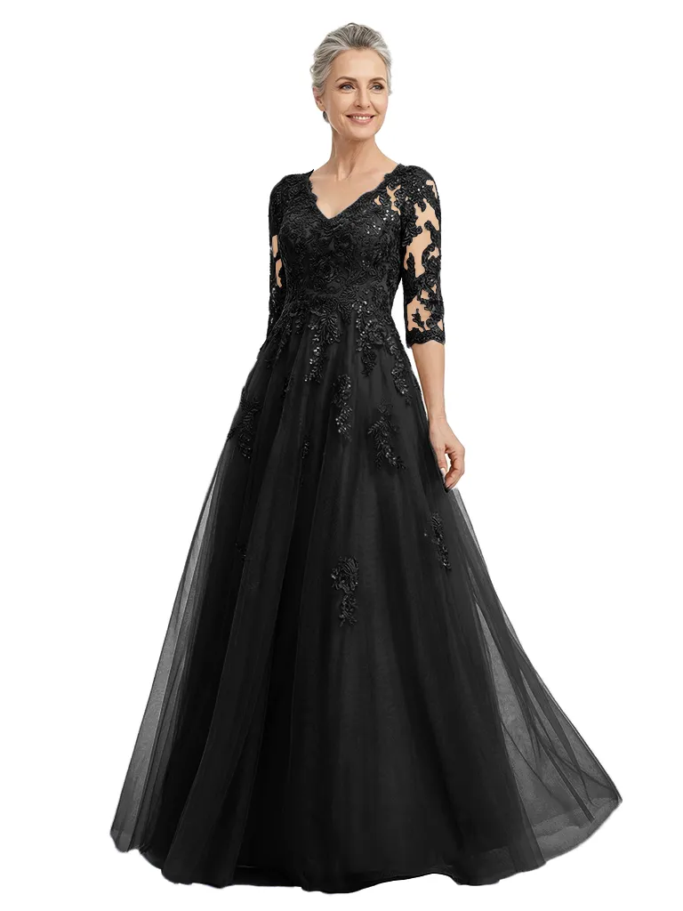 ChicSew Elegant V-Neck 3/4 Sleeves A-Line Mother Of The Bride Gown Lace Tulle Overlay sold by ChicSew product image thumbnail 4