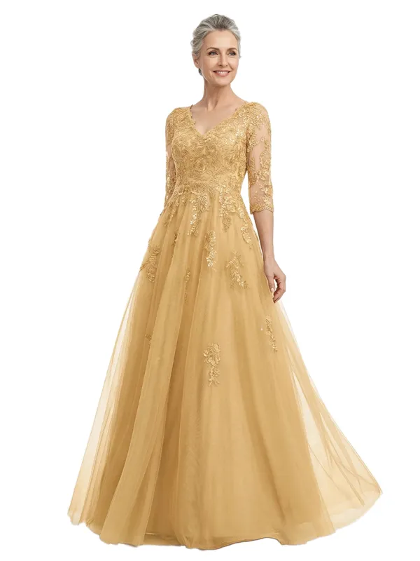 ChicSew Elegant V-Neck 3/4 Sleeves A-Line Mother Of The Bride Gown Lace Tulle Overlay made by ChicSew