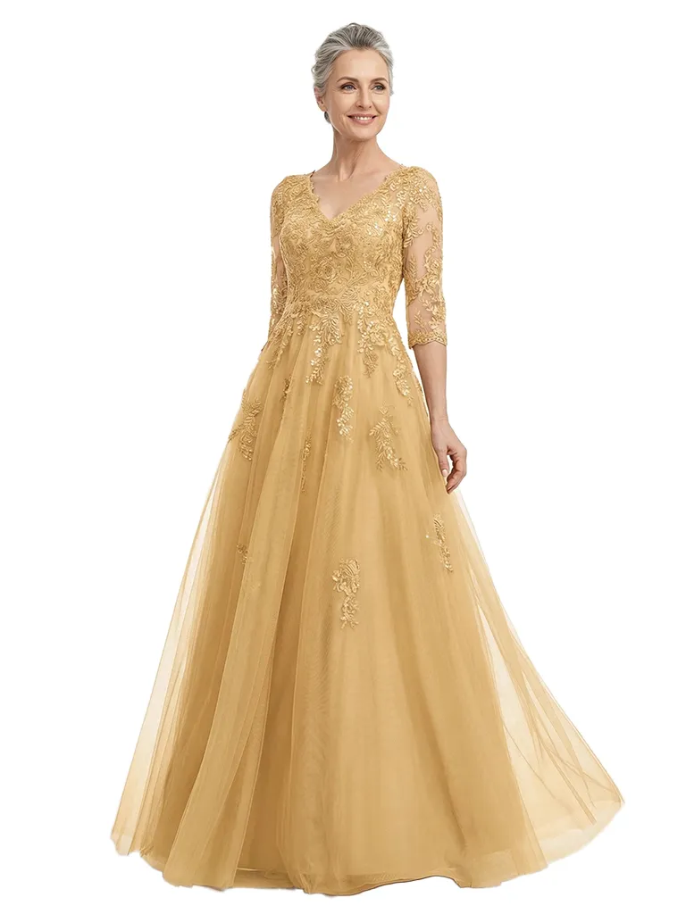 ChicSew Elegant V-Neck 3/4 Sleeves A-Line Mother Of The Bride Gown Lace Tulle Overlay sold by ChicSew