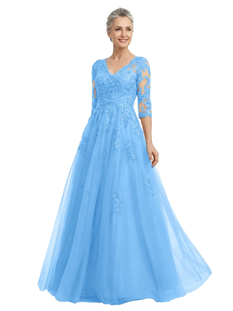 ChicSew Elegant V-Neck 3/4 Sleeves A-Line Mother Of The Bride Gown Lace Tulle Overlay sold by ChicSew product image thumbnail 5