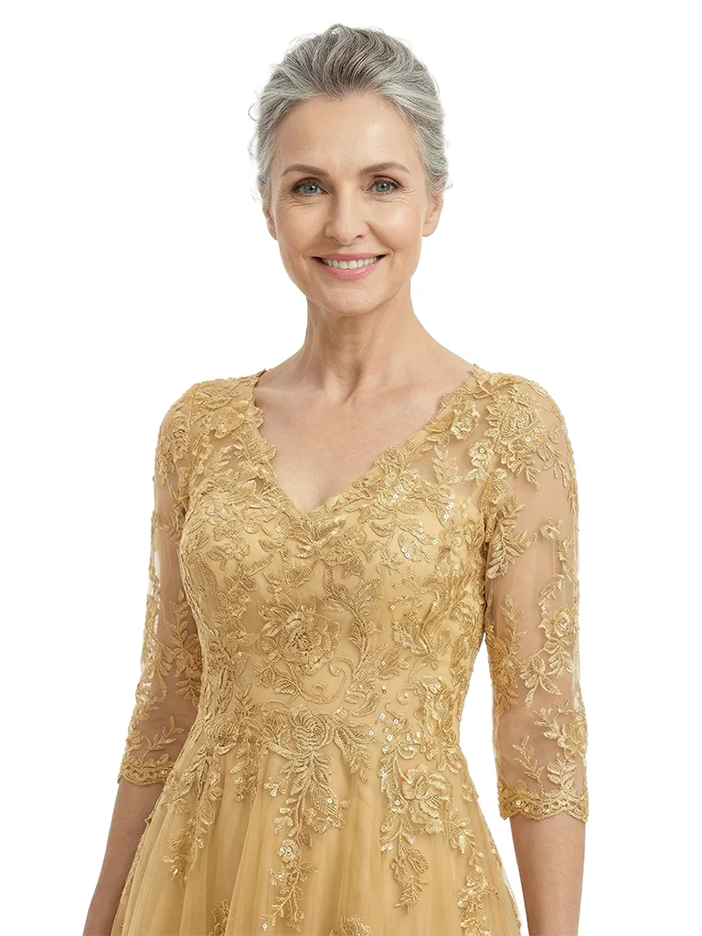 ChicSew Elegant V-Neck 3/4 Sleeves A-Line Mother Of The Bride Gown Lace Tulle Overlay sold by ChicSew product image thumbnail 2