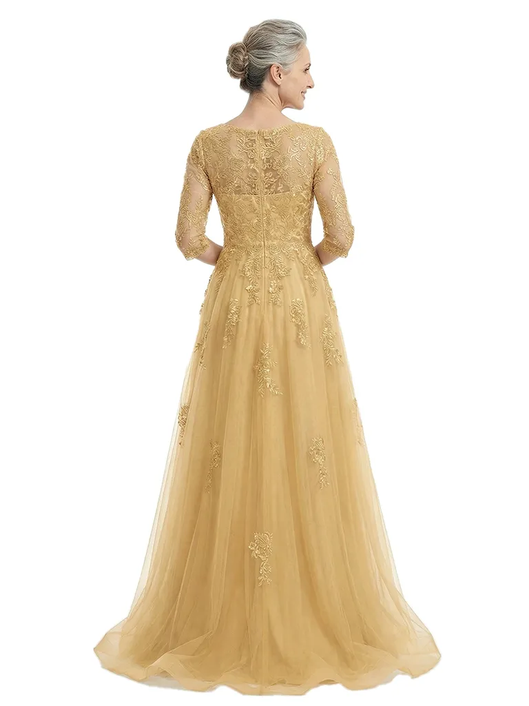 ChicSew Elegant V-Neck 3/4 Sleeves A-Line Mother Of The Bride Gown Lace Tulle Overlay sold by ChicSew product image thumbnail 3