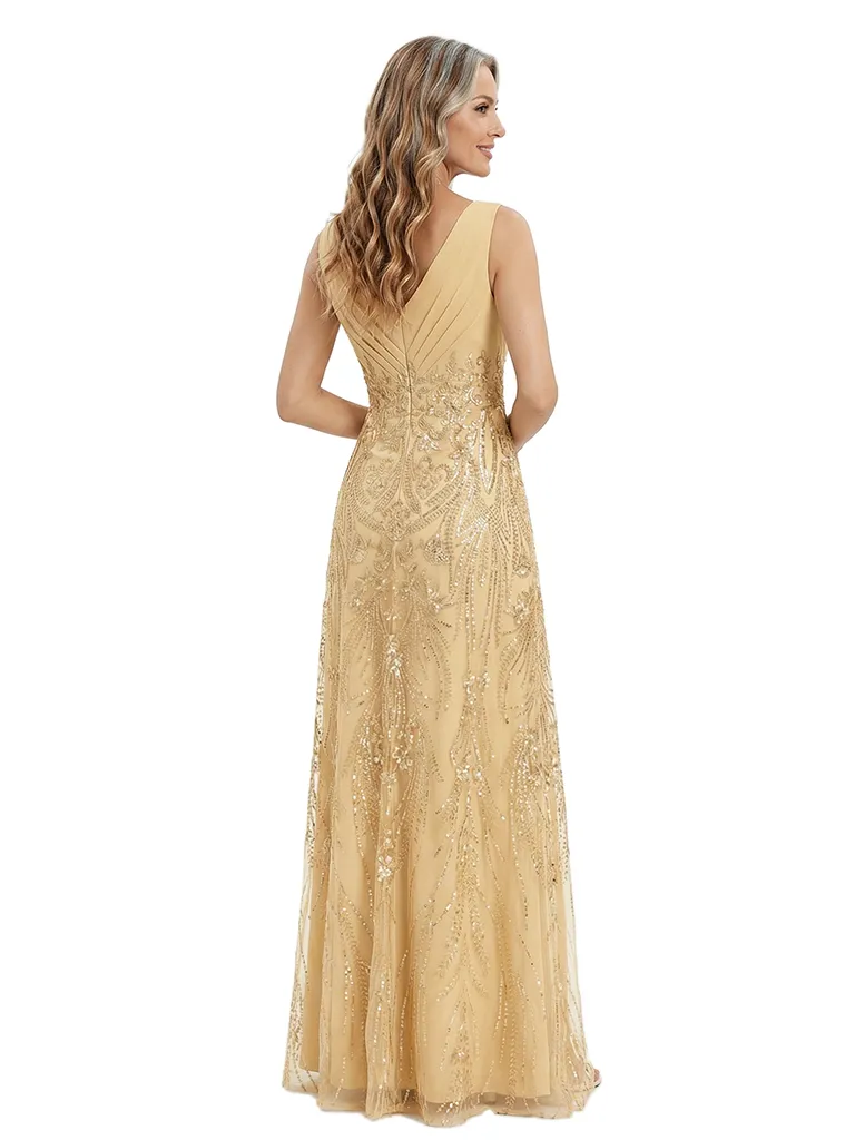 ChicSew Elegant V-Neck Spaghetti Straps A-Line Side Slit Mother Of The Bride Gown Lace Tulle Overlay sold by ChicSew product image thumbnail 3