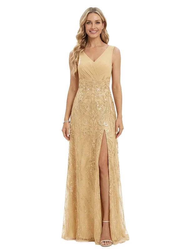 ChicSew Elegant V-Neck Spaghetti Straps A-Line Side Slit Mother Of The Bride Gown Lace Tulle Overlay sold by ChicSew