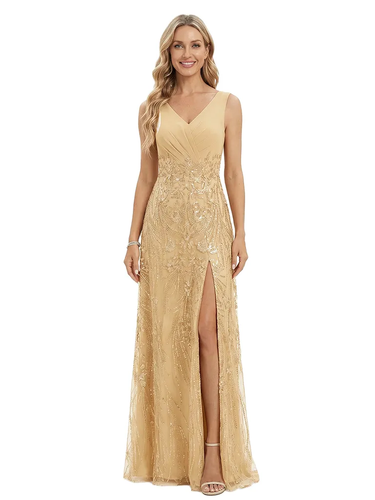 ChicSew Elegant V-Neck Spaghetti Straps A-Line Side Slit Mother Of The Bride Gown Lace Tulle Overlay sold by ChicSew