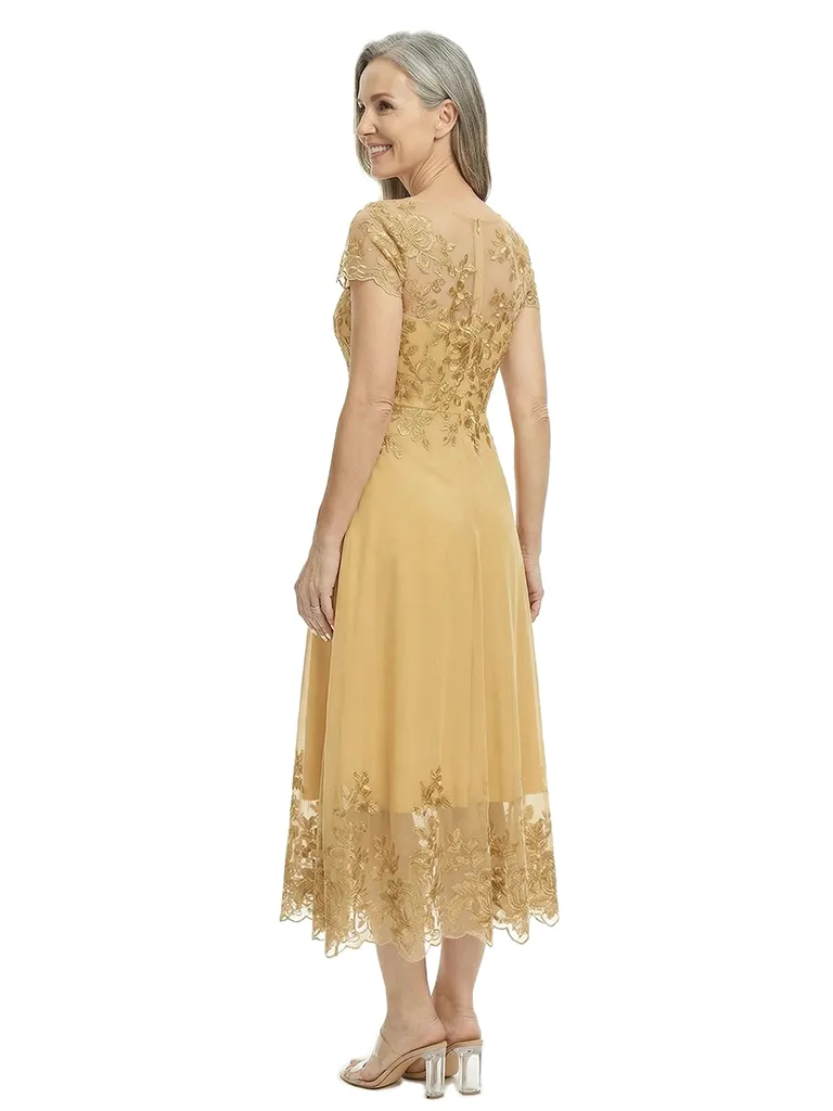 ChicSew Illusion Short Sleeve Lace Applique A Line Tea-Length Tulle Modern Mother of the Bride Dresses sold by ChicSew product image thumbnail 3