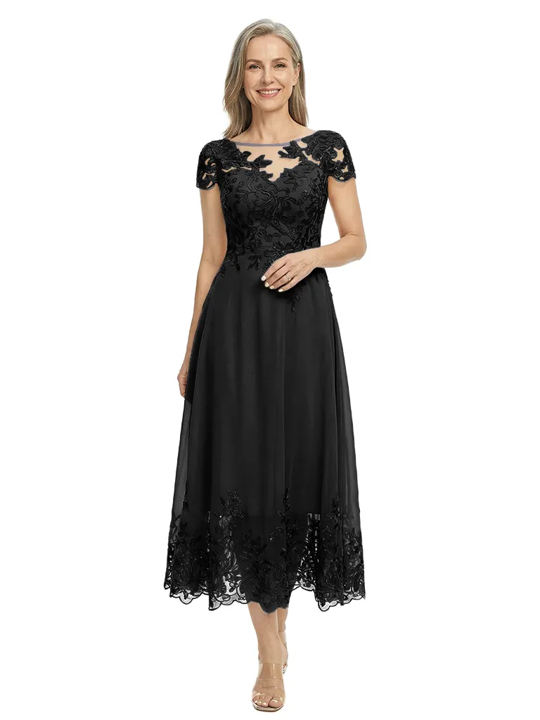 ChicSew Illusion Short Sleeve Lace Applique A Line Tea-Length Tulle Modern Mother of the Bride Dresses sold by ChicSew product image thumbnail 4