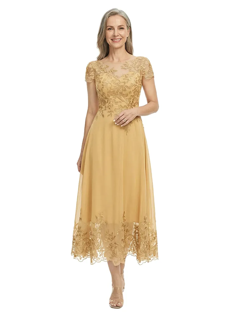 ChicSew Illusion Short Sleeve Lace Applique A Line Tea-Length Tulle Modern Mother of the Bride Dresses sold by ChicSew