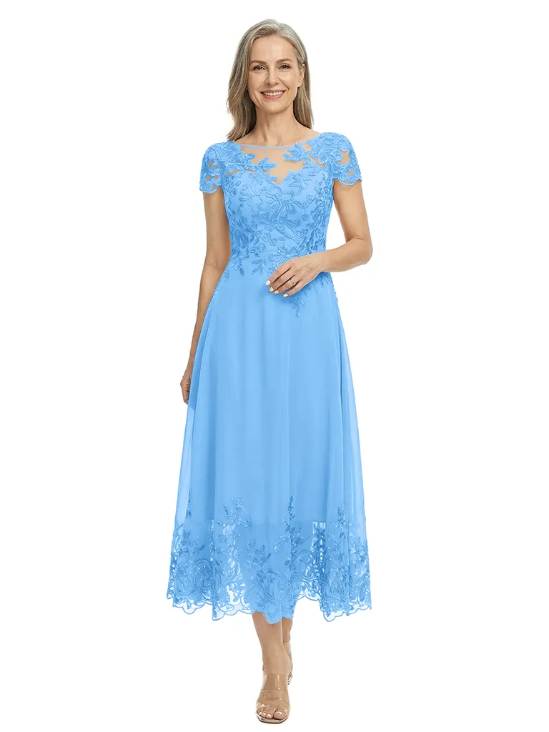ChicSew Illusion Short Sleeve Lace Applique A Line Tea-Length Tulle Modern Mother of the Bride Dresses sold by ChicSew product image thumbnail 5