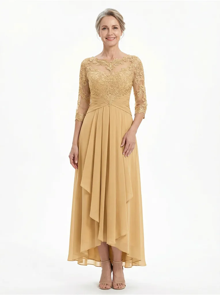 ChicSew Beautiful High-Low Long Sleeve Chiffon Ruffle Mother Of The Bride Dress With Illusion Lace Bodice sold by ChicSew