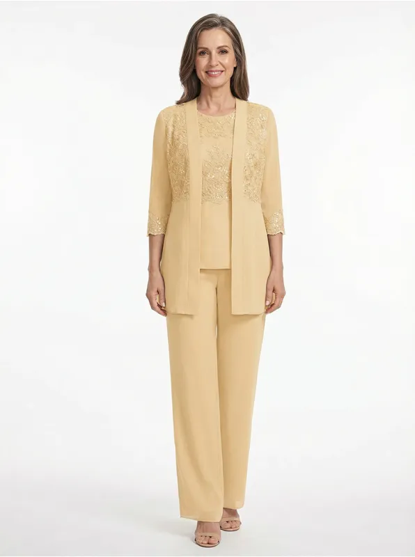 ChicSew Classy Chiffon Sequin Applique Mother Of The Groom Pant Suit With Long Jacket made by ChicSew