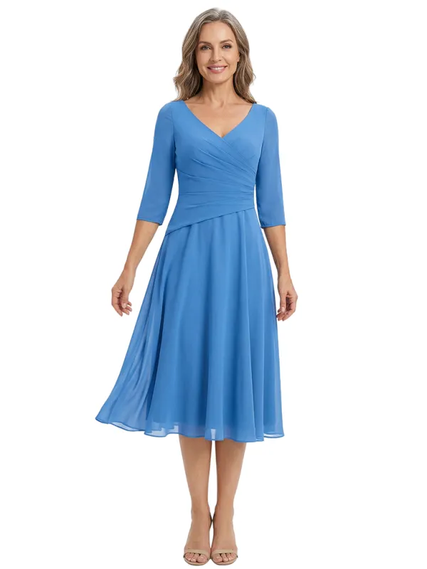 ChicSew Modern V-Neck Tea-Length Mother Of The Bride Dress Chiffon Fit Flare sold by ChicSew