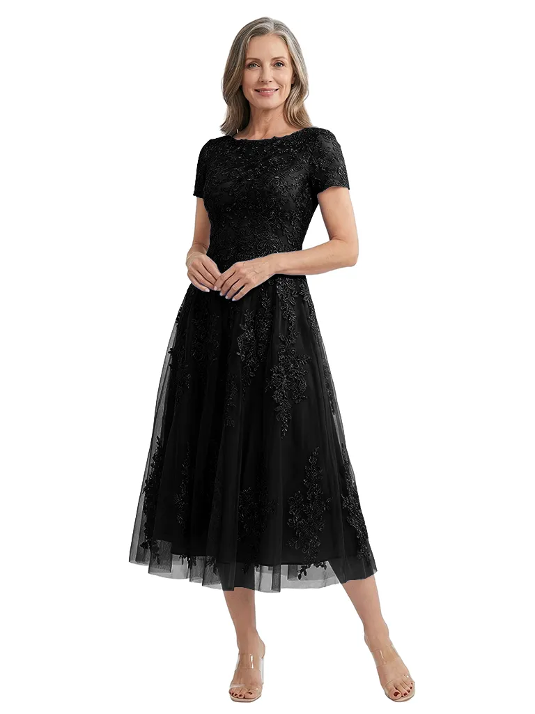 ChicSew Classy Tea Length Lace Applique Chiffon Mother Of The Groom Dress A-Line Tulle Gown sold by ChicSew product image thumbnail 4