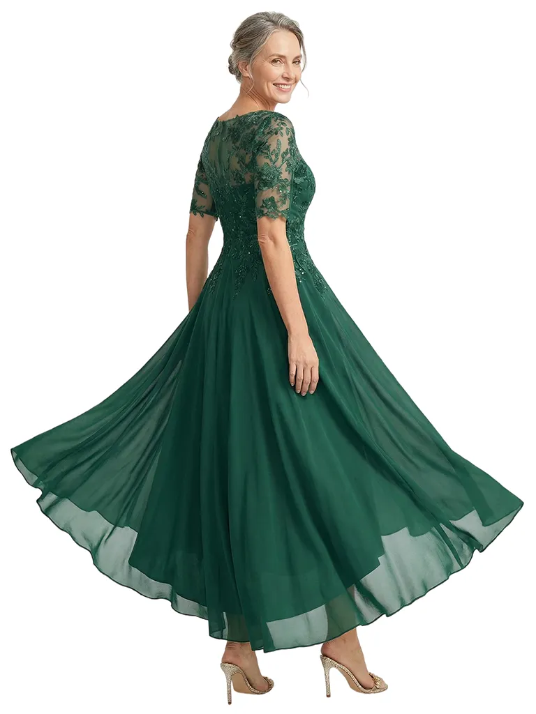 ChicSew Jewel Short Sleeve Lace Applique Ruched A-Line Ankle-Length Chiffon Fancy Mother of the Bride Dresses sold by ChicSew product image thumbnail 3