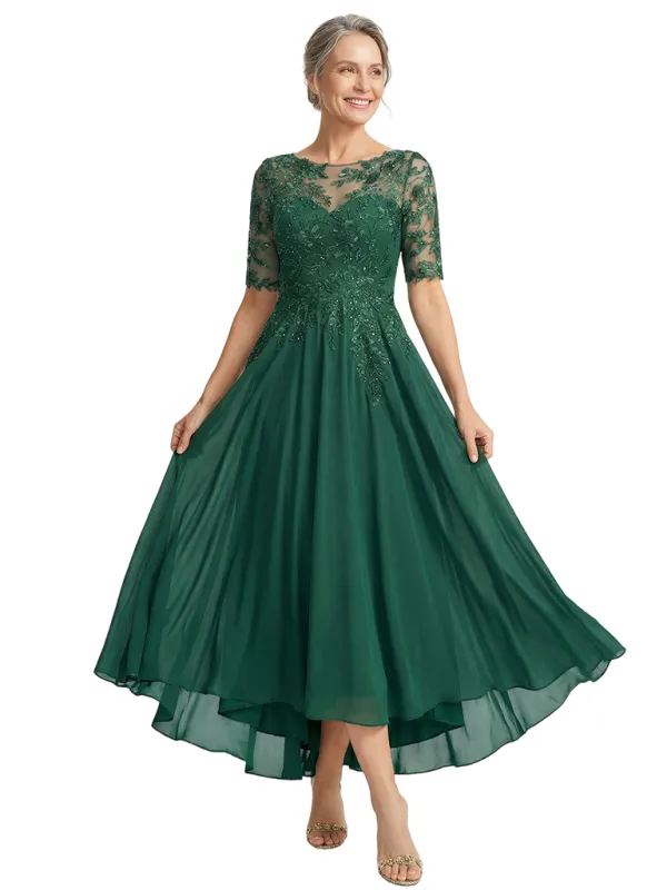 ChicSew Jewel Short Sleeve Lace Applique Ruched A-Line Ankle-Length Chiffon Fancy Mother of the Bride Dresses sold by ChicSew