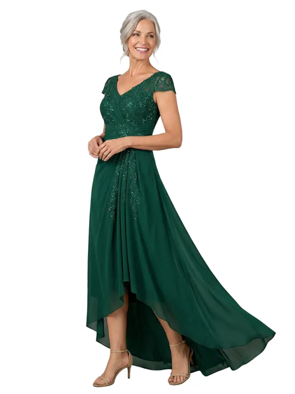 ChicSew V-Neck Cap Sleeves Lace Applique Sequin Ruched A-Line Chiffon Fancy Mother of the Bride Dresses sold by ChicSew