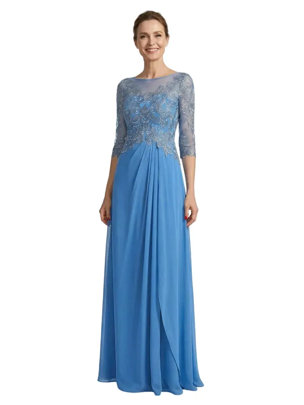 ChicSew Illusion Long Sleeve Lace Ruched A-Line Floor Length Chiffon Fancy Mother of the Bride Dresses made by ChicSew
