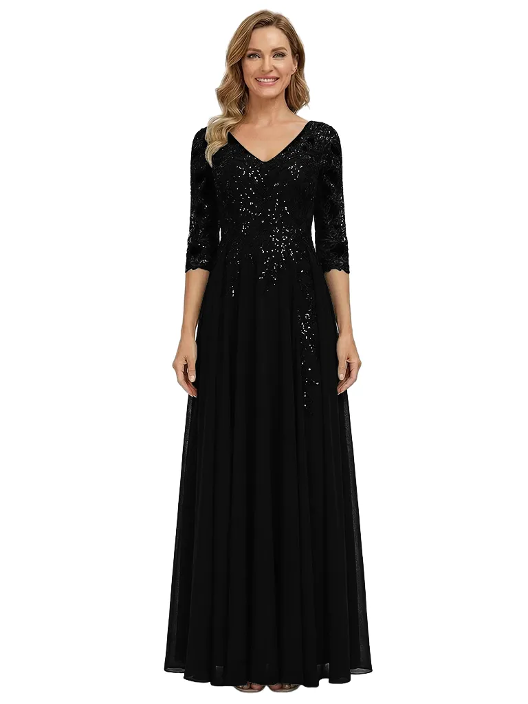 ChicSew V-Neck Long Sleeve Lace Beaded A-Line Floor Length Chiffon Fancy Mother of the Bride Dresses sold by ChicSew product image thumbnail 4