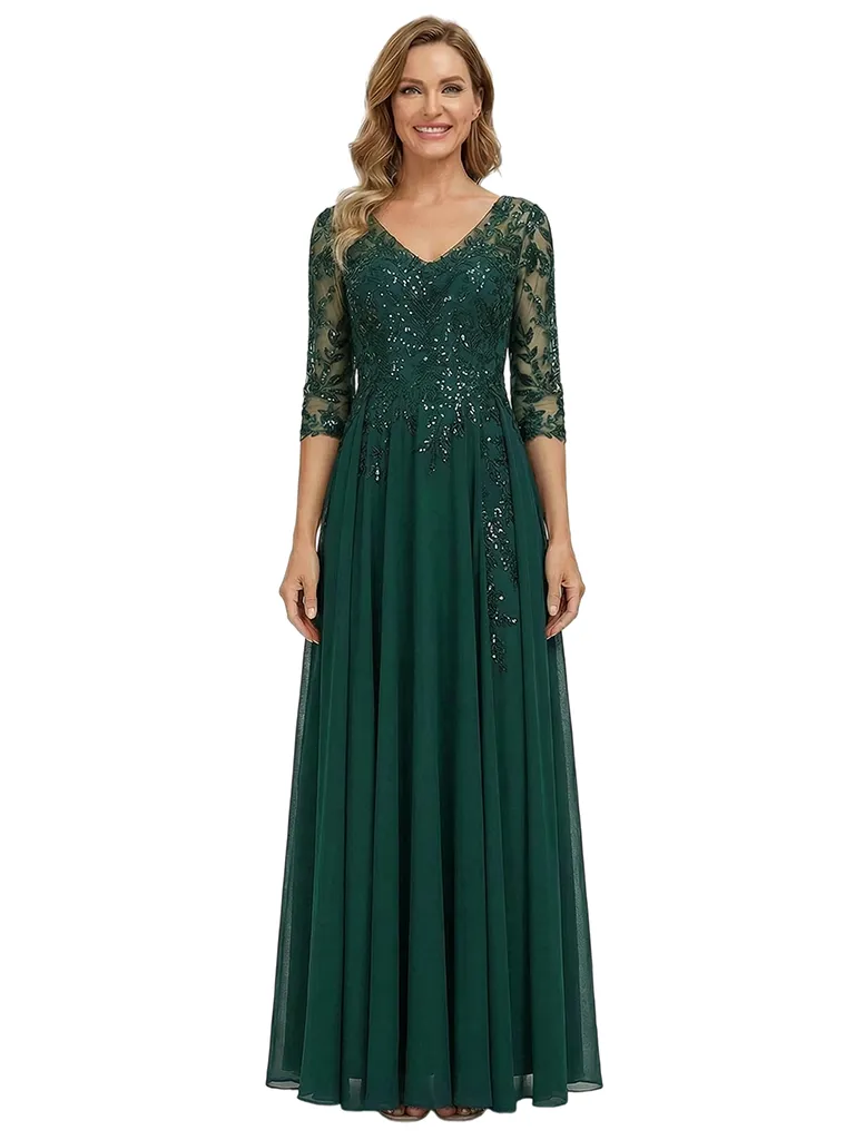 ChicSew V-Neck Long Sleeve Lace Beaded A-Line Floor Length Chiffon Fancy Mother of the Bride Dresses sold by ChicSew
