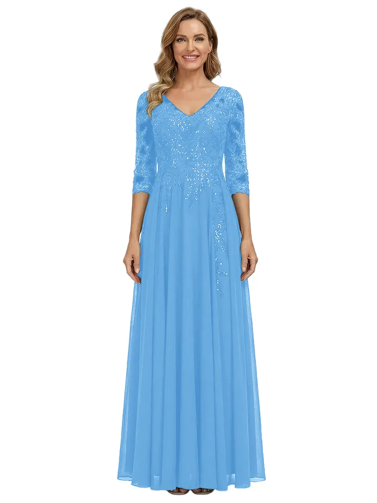 ChicSew V-Neck Long Sleeve Lace Beaded A-Line Floor Length Chiffon Fancy Mother of the Bride Dresses sold by ChicSew product image thumbnail 5