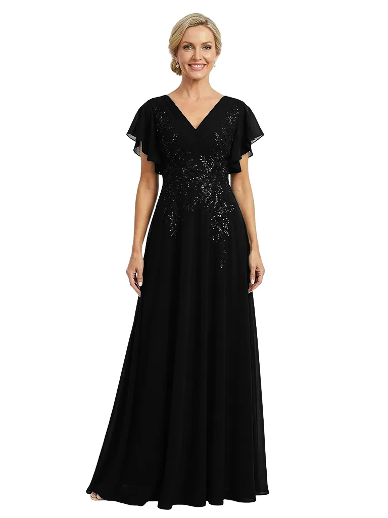 ChicSew V-Neck Flutter Sleeve Beaded Lace Applique A-Line Floor Length Chiffon Flowy Romantic Mother Of The Bride And Groom Dresses sold by ChicSew product image thumbnail 4