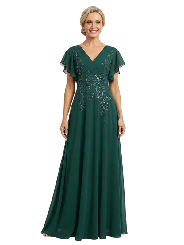 ChicSew V-Neck Flutter Sleeve Beaded Lace Applique A-Line Floor Length Chiffon Flowy Romantic Mother Of The Bride And Groom Dresses sold by ChicSew