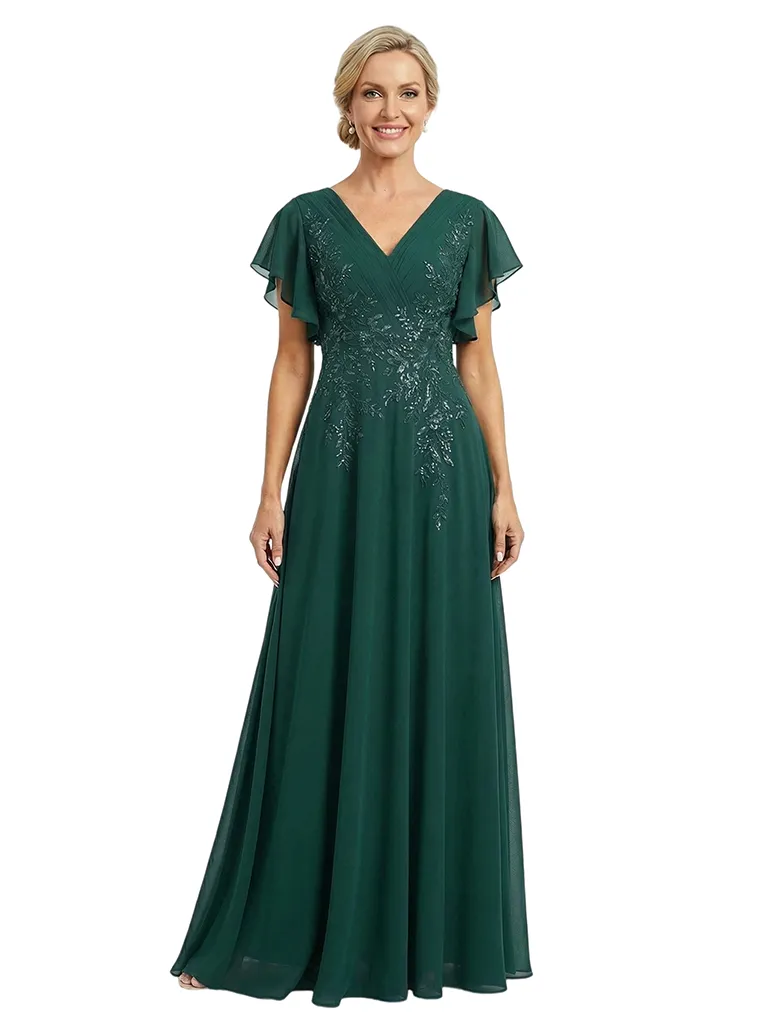 ChicSew V-Neck Flutter Sleeve Beaded Lace Applique A-Line Floor Length Chiffon Flowy Romantic Mother Of The Bride And Groom Dresses sold by ChicSew