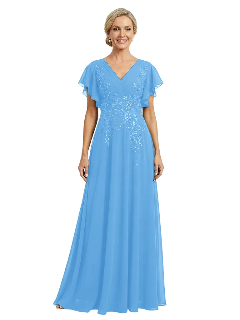 ChicSew V-Neck Flutter Sleeve Beaded Lace Applique A-Line Floor Length Chiffon Flowy Romantic Mother Of The Bride And Groom Dresses sold by ChicSew product image thumbnail 5