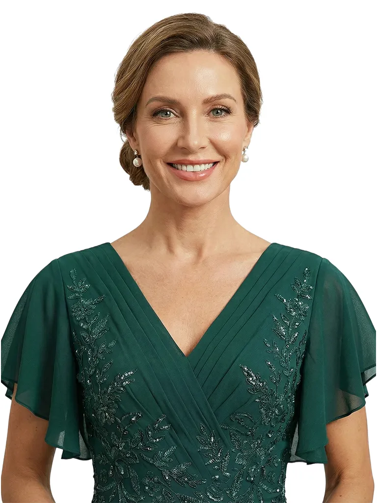 ChicSew V-Neck Flutter Sleeve Beaded Lace Applique A-Line Floor Length Chiffon Flowy Romantic Mother Of The Bride And Groom Dresses sold by ChicSew product image thumbnail 2