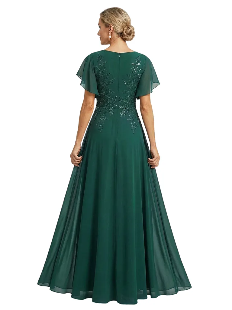 ChicSew V-Neck Flutter Sleeve Beaded Lace Applique A-Line Floor Length Chiffon Flowy Romantic Mother Of The Bride And Groom Dresses sold by ChicSew product image thumbnail 3