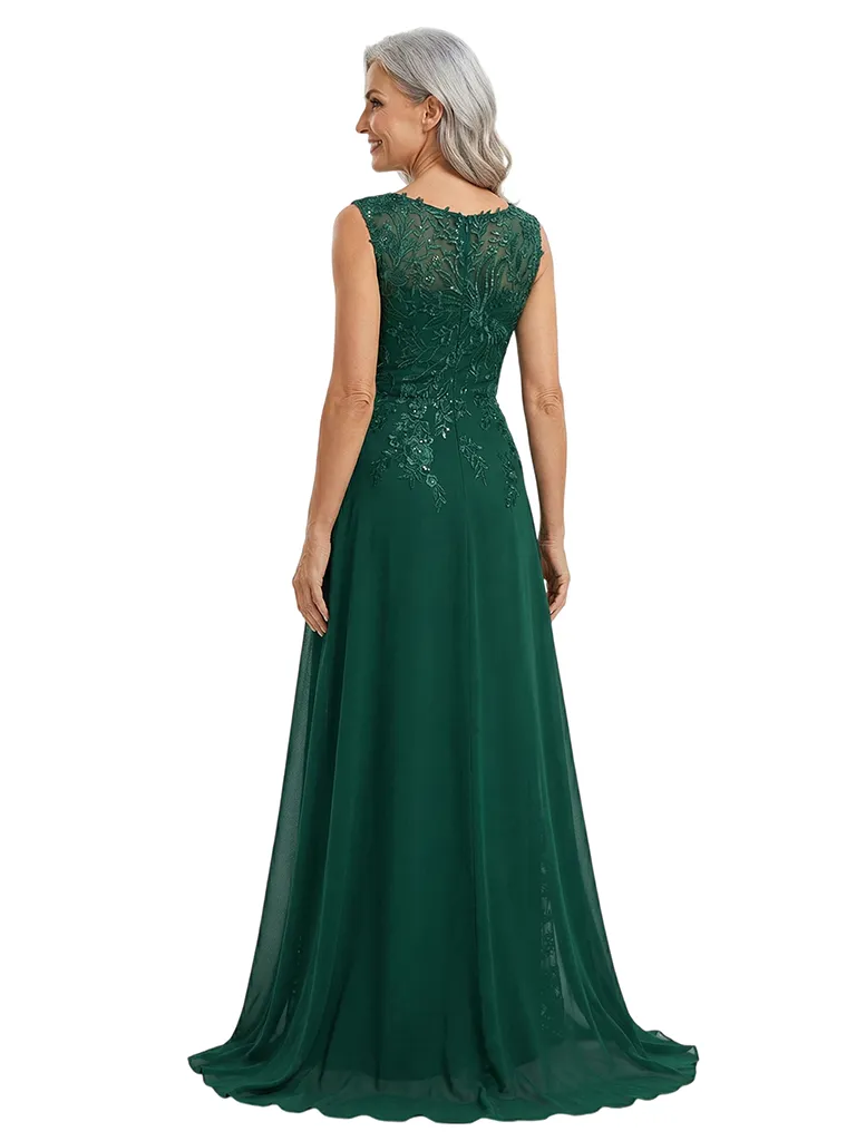 ChicSew Round Neck Sleeveless Lace Beaded Chiffon Overlay Floor Length Modern Mom Of The Groom Dresses sold by ChicSew product image thumbnail 3