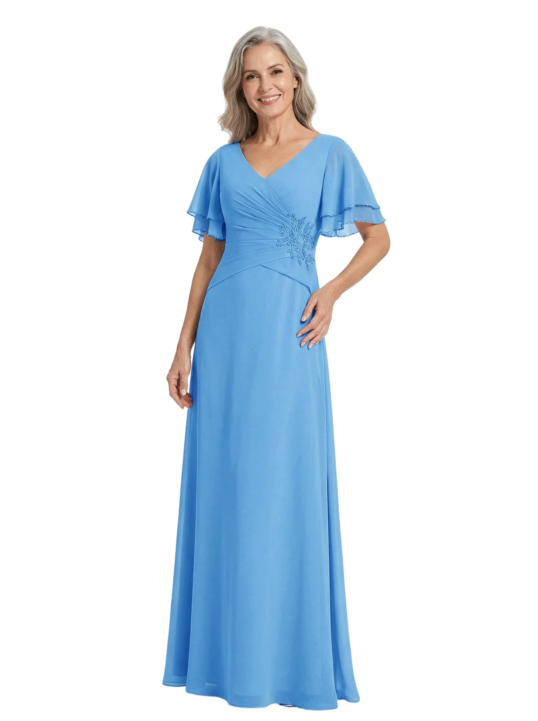 ChicSew Flutter Sleeve Ruched Bodice Lace Beaded Long Chiffon Modern Mother of the Bride Dresses sold by ChicSew product image thumbnail 5