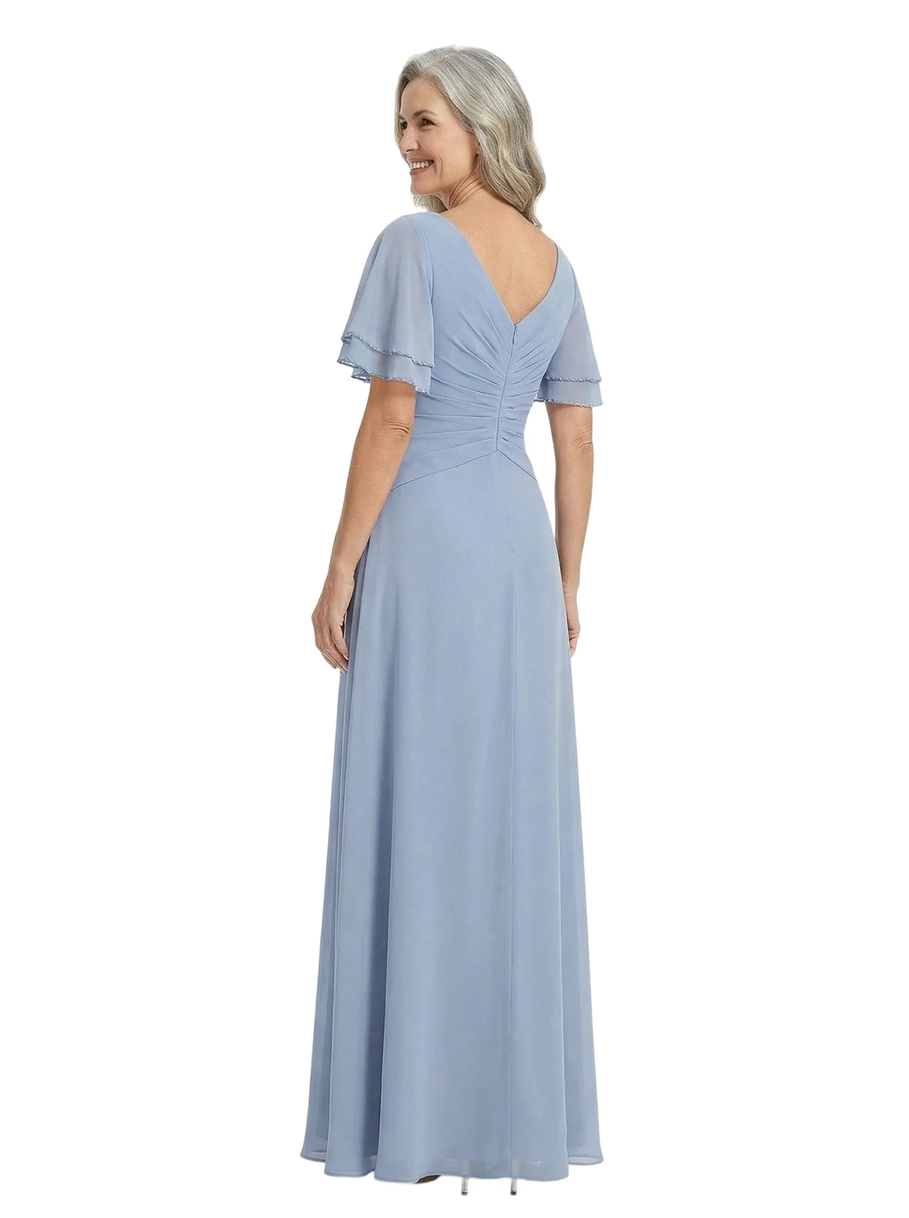 ChicSew Flutter Sleeve Ruched Bodice Lace Beaded Long Chiffon Modern Mother of the Bride Dresses sold by ChicSew product image thumbnail 3