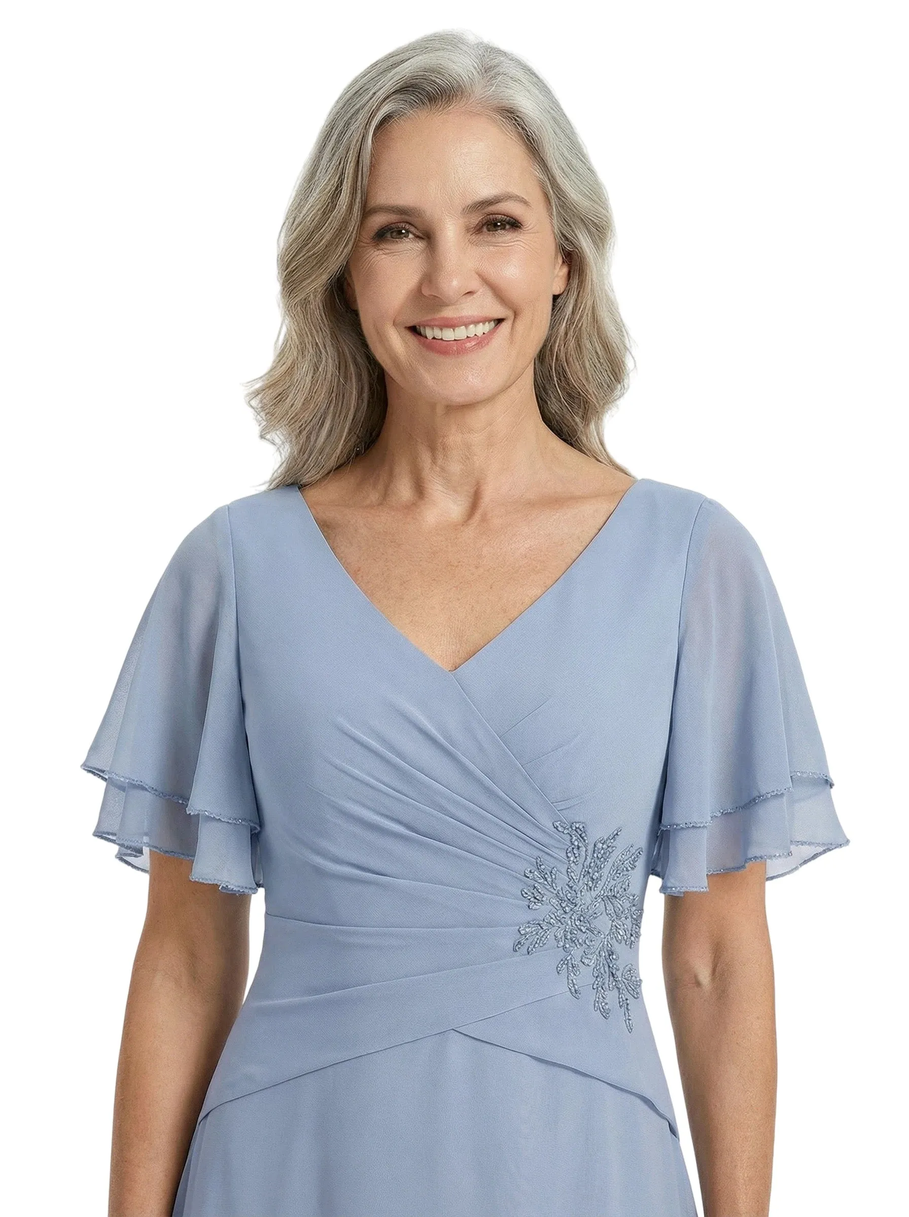 ChicSew Flutter Sleeve Ruched Bodice Lace Beaded Long Chiffon Modern Mother of the Bride Dresses sold by ChicSew product image thumbnail 2