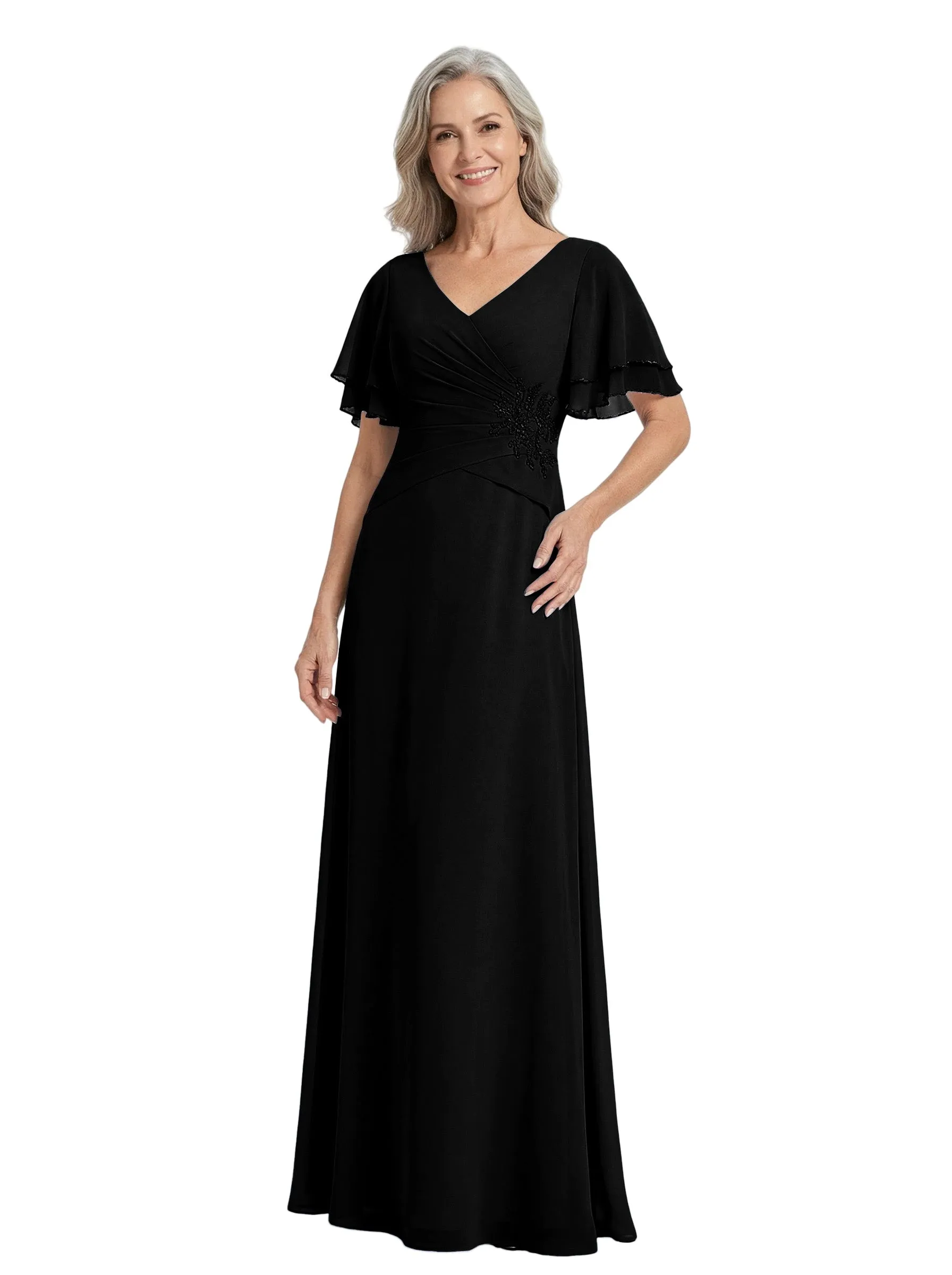 ChicSew Flutter Sleeve Ruched Bodice Lace Beaded Long Chiffon Modern Mother of the Bride Dresses sold by ChicSew product image thumbnail 4