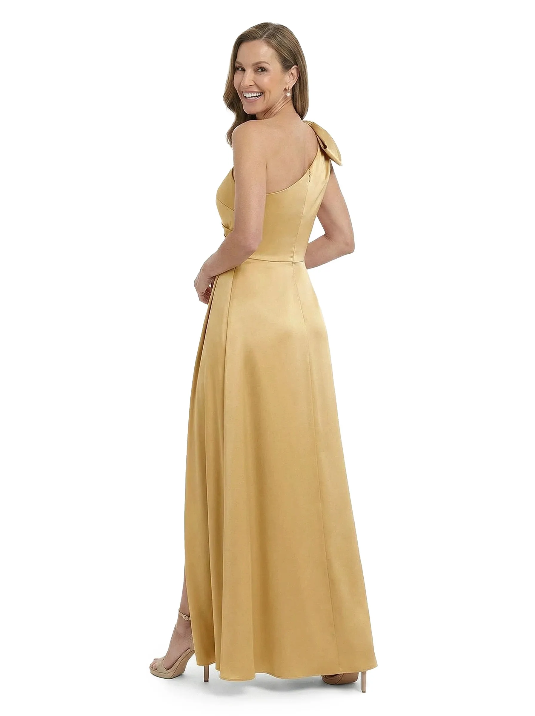 ChicSew One Shoulder Satin Bow Ruched Bodice Floor Length Mom Of The Groom Dresses Slit sold by ChicSew product image thumbnail 3