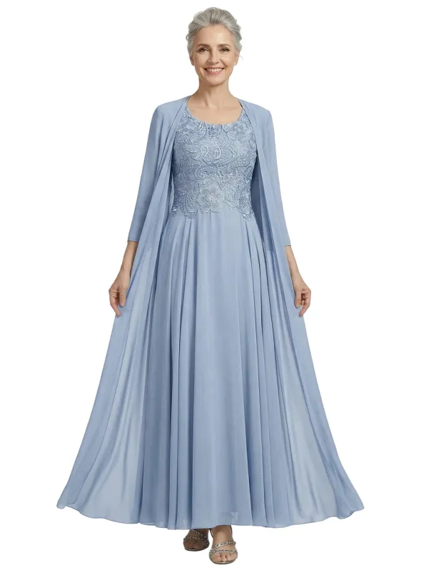 ChicSew Scoop 3/4 Sleeve Chiffon Jacket Lace Applique Bodice Ankle Length Chiffon Fancy Mother of the Bride Dresses made by ChicSew